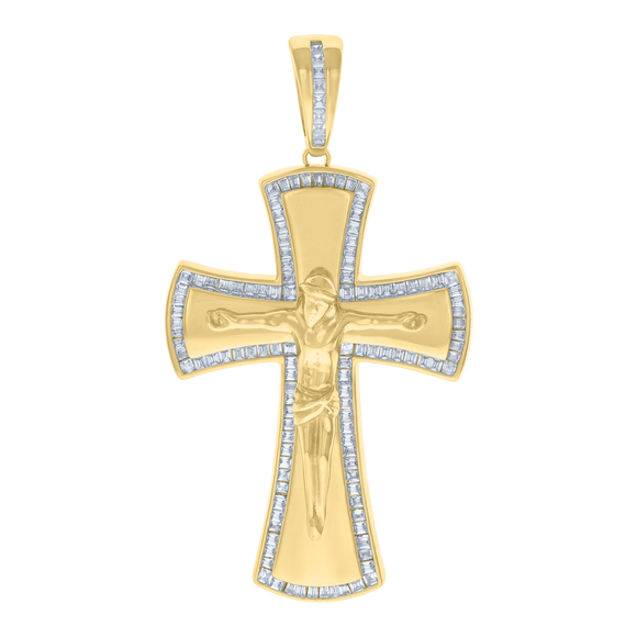 925 Sterling Silver Yellow-toneBaguette CZ Crucifix Cross Charm Pendant